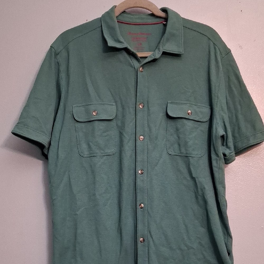 Tommy Bahama size Large men's 60% pima cotton teal green knit short sleeve shirt